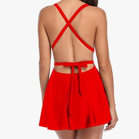 Sexy Plunging V neckline Skirt Open with Tie Back Women’s Red Swimsuit, Size XL - Picture 3 of 12